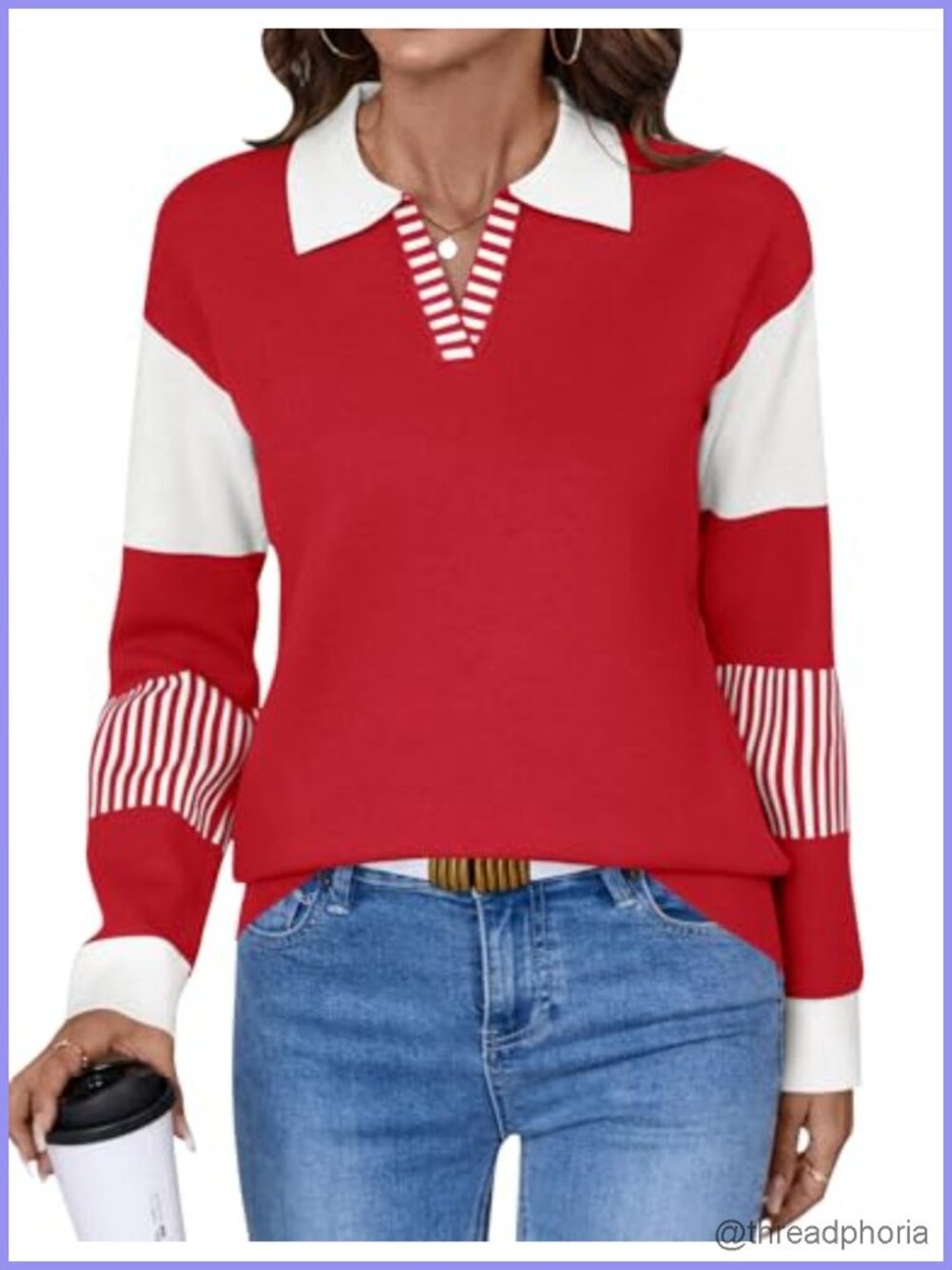 V-Neck Long Sleeve Loose Color Block Striped Knitted Pullover Sweater